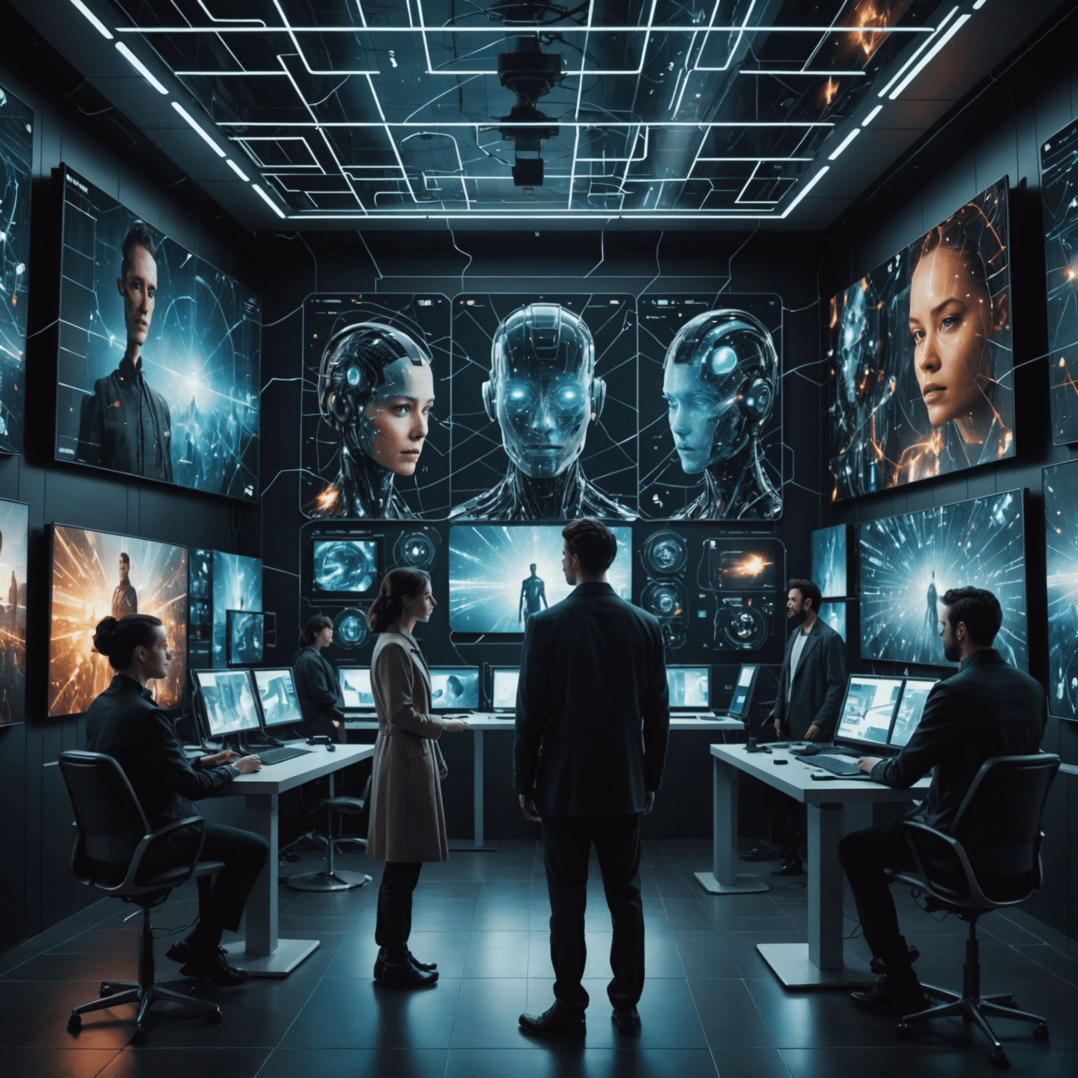 A futuristic representation of AI-generated visual storytelling, showing a blend of abstract neural networks, film reels, and human silhouettes interacting with holographic screens displaying various scenes and characters