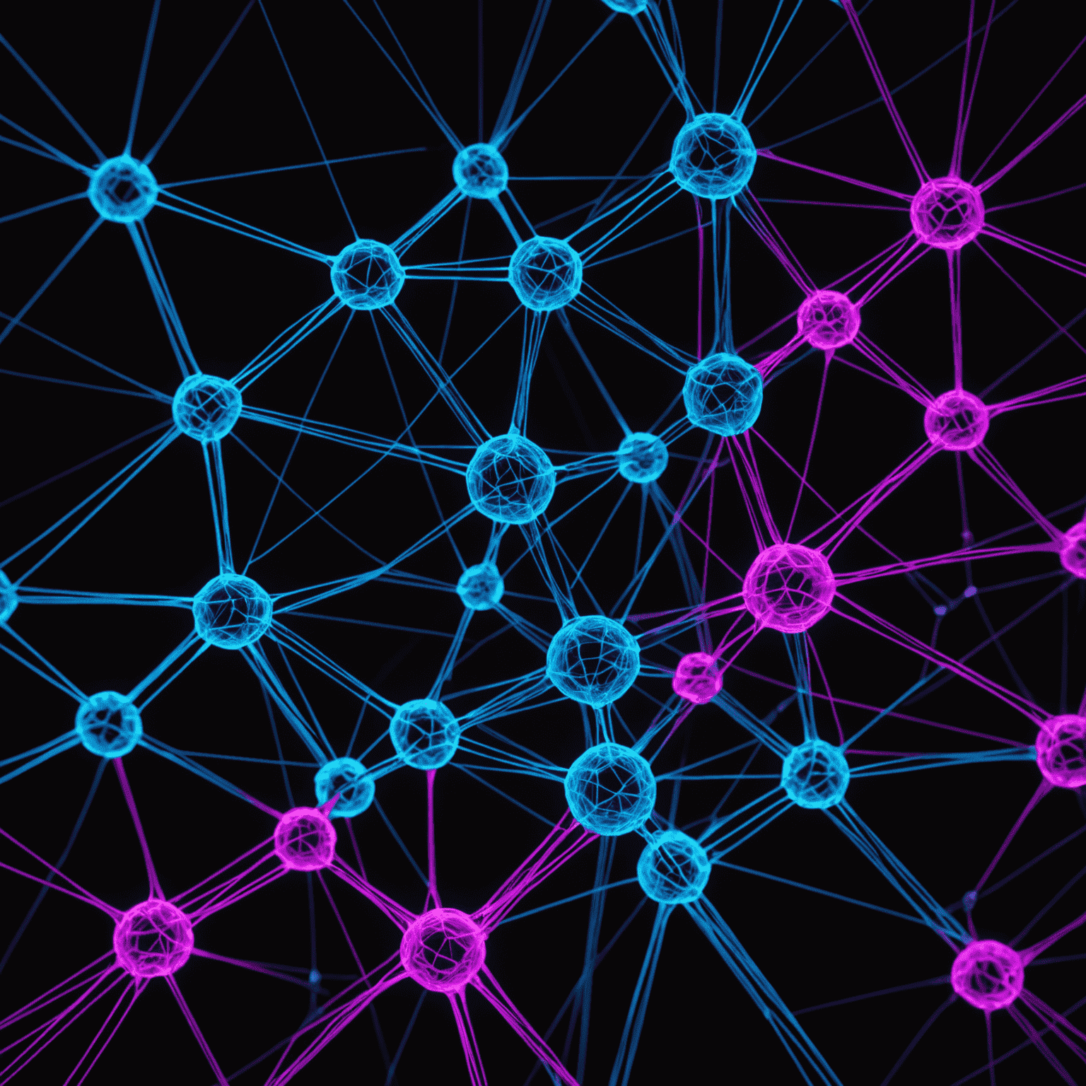 A futuristic neural network visualization with glowing nodes representing prompt engineering concepts, interconnected by vibrant electric blue and magenta lines against a deep black background