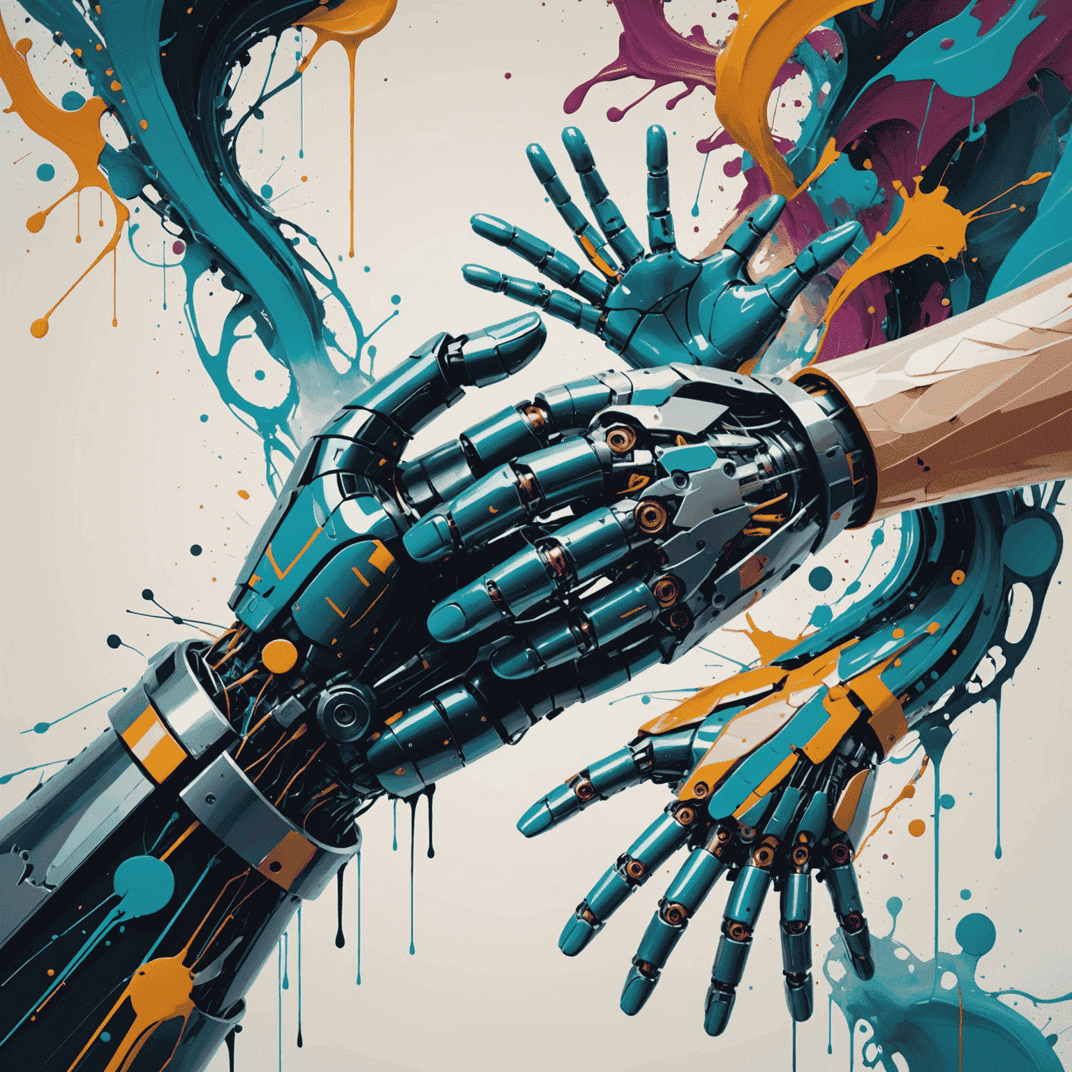 A surreal digital artwork showing a human hand and a robotic hand reaching towards each other, surrounded by swirling code and paint strokes, symbolizing the intersection of human creativity and AI in art