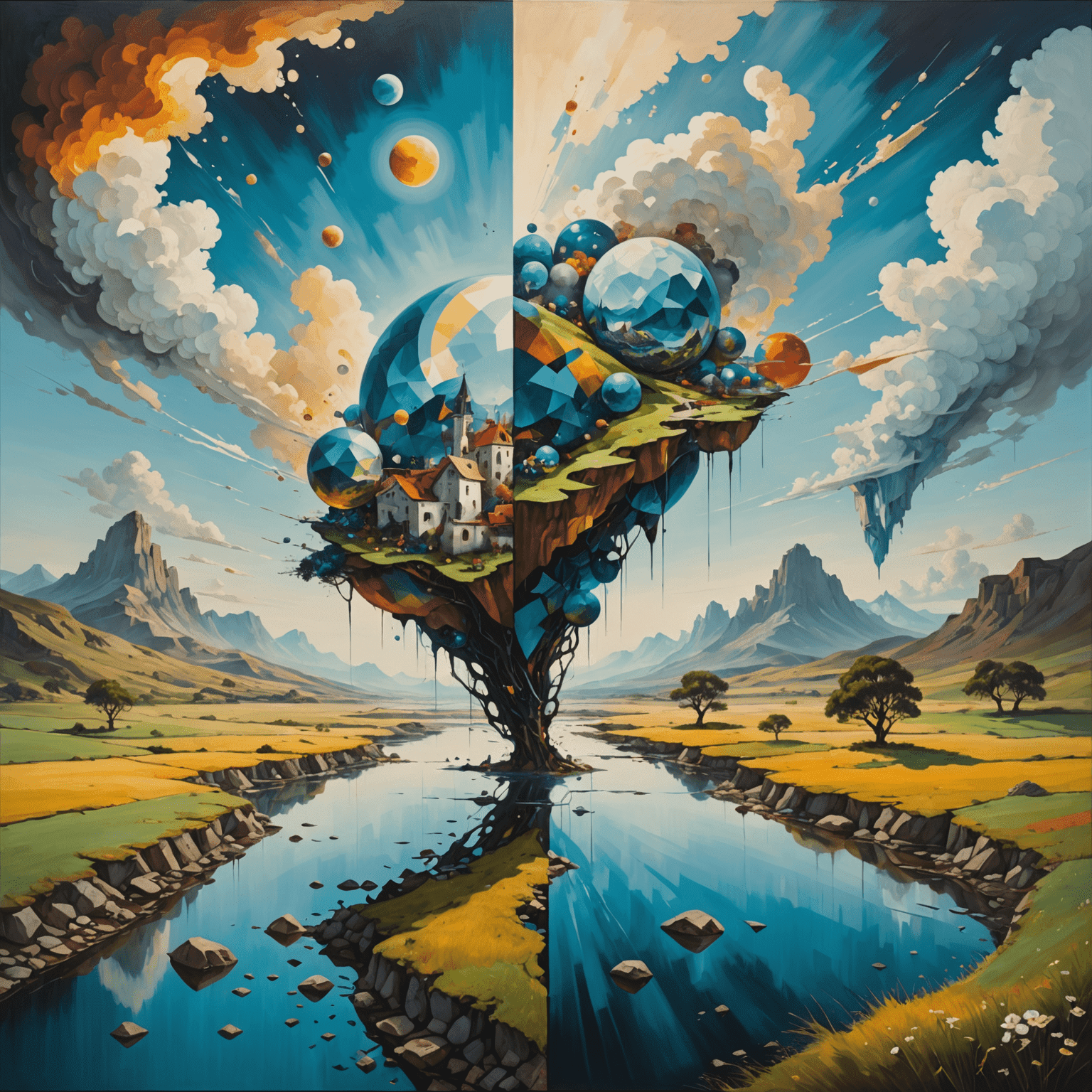 A split canvas showing traditional oil painting techniques on one side and AI-generated digital art on the other, seamlessly blending in the middle to create a unique hybrid artwork. The image showcases a surreal landscape with floating geometric shapes and organic forms, illustrating the fusion of human creativity and machine intelligence.