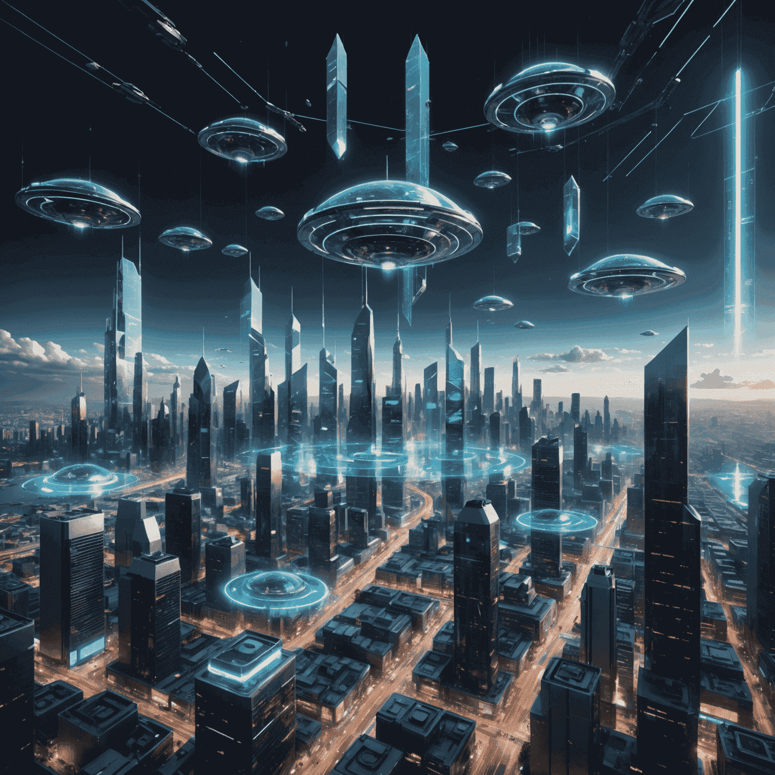 A futuristic cityscape with holographic storytelling interfaces floating in the air, showcasing AI-generated narratives and characters