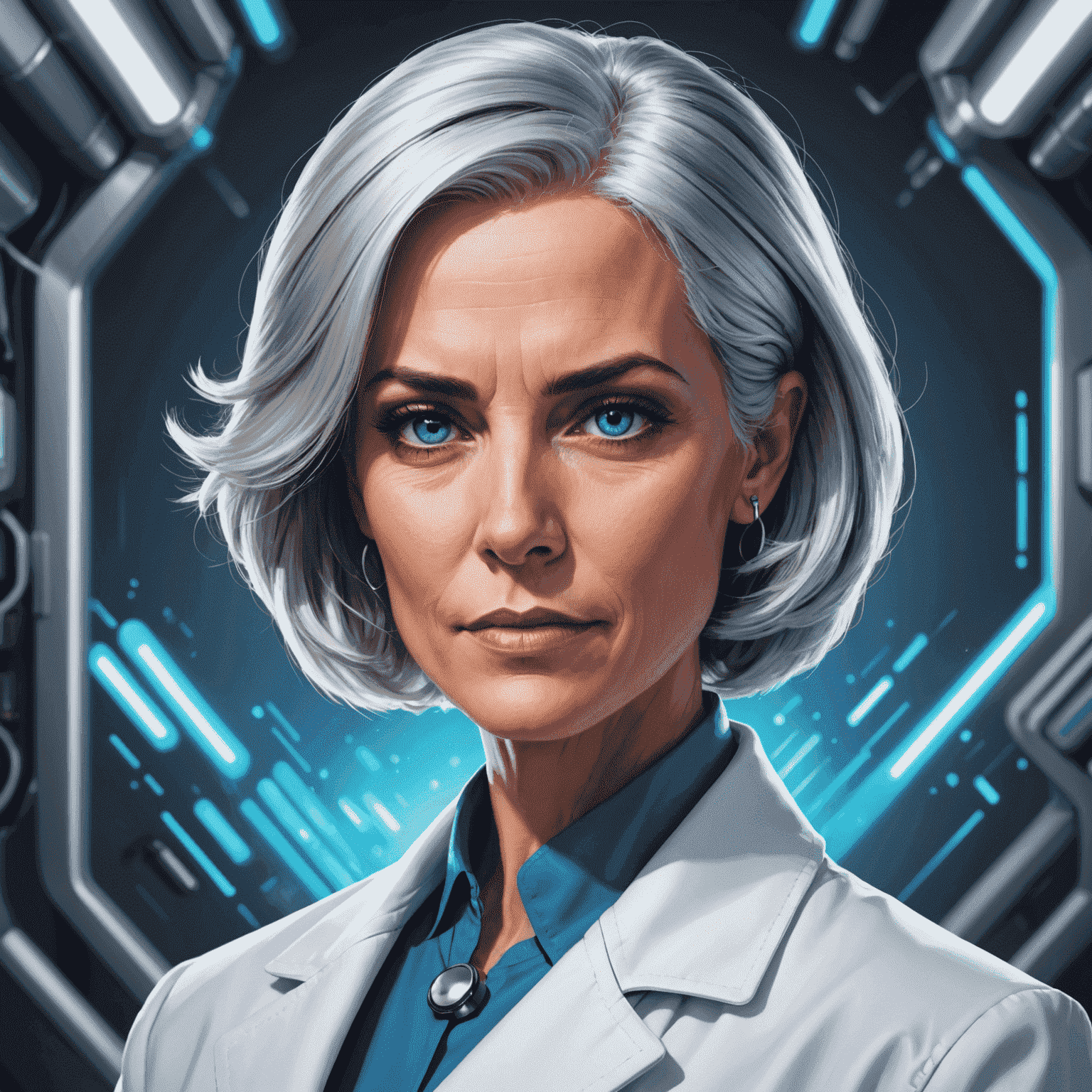 Portrait of Dr. Elena Vortex, a woman in her mid-40s with striking silver hair and piercing blue eyes, wearing a sleek, futuristic lab coat