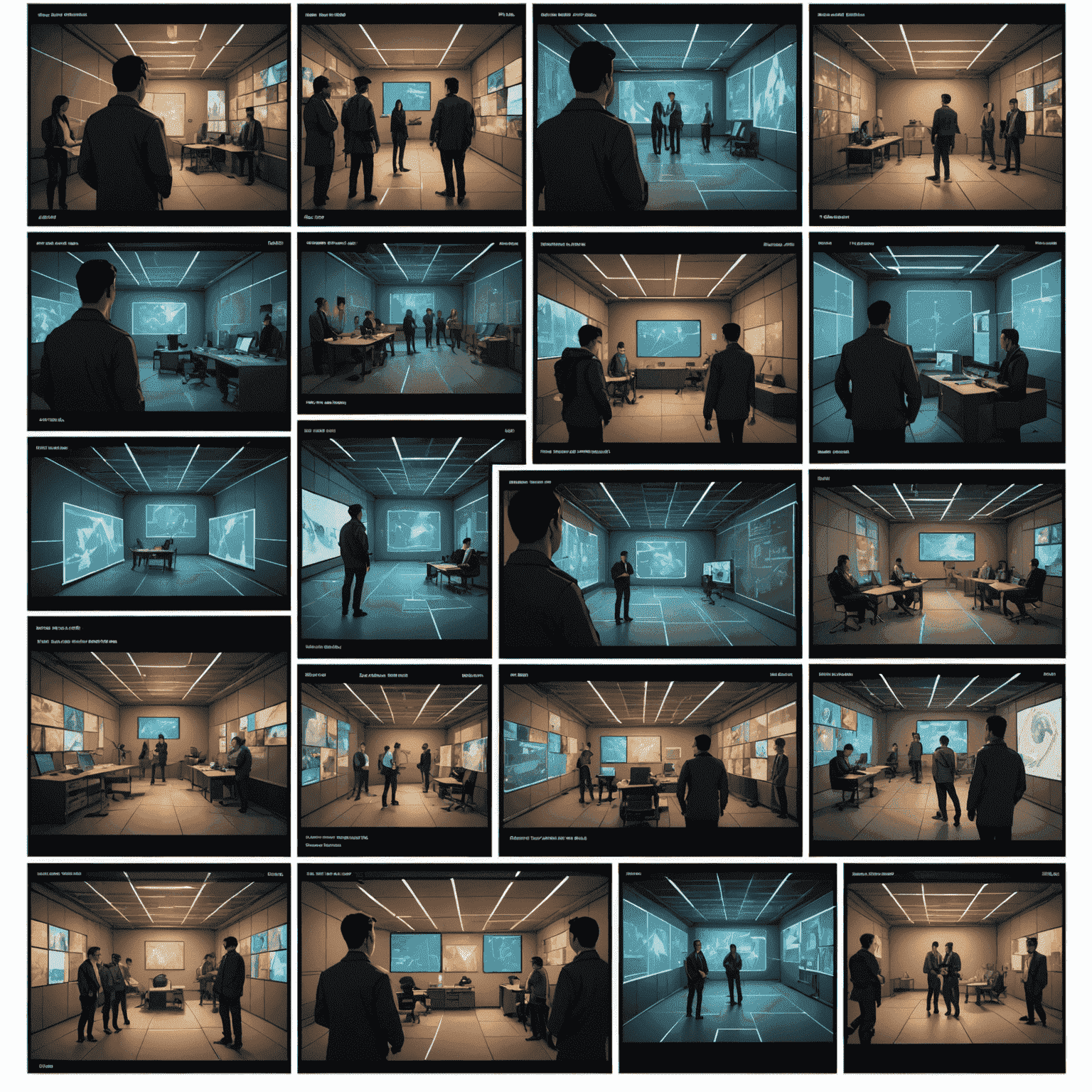 A grid of AI-generated storyboard panels showing various scenes and camera angles, with holographic interface elements surrounding them