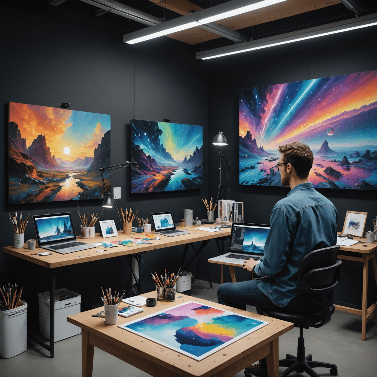 A split-screen image: on one side, a traditional artist's studio with paint and canvas; on the other, a futuristic digital workspace with holographic displays and AI interfaces, illustrating the contrast between traditional and AI-assisted art creation