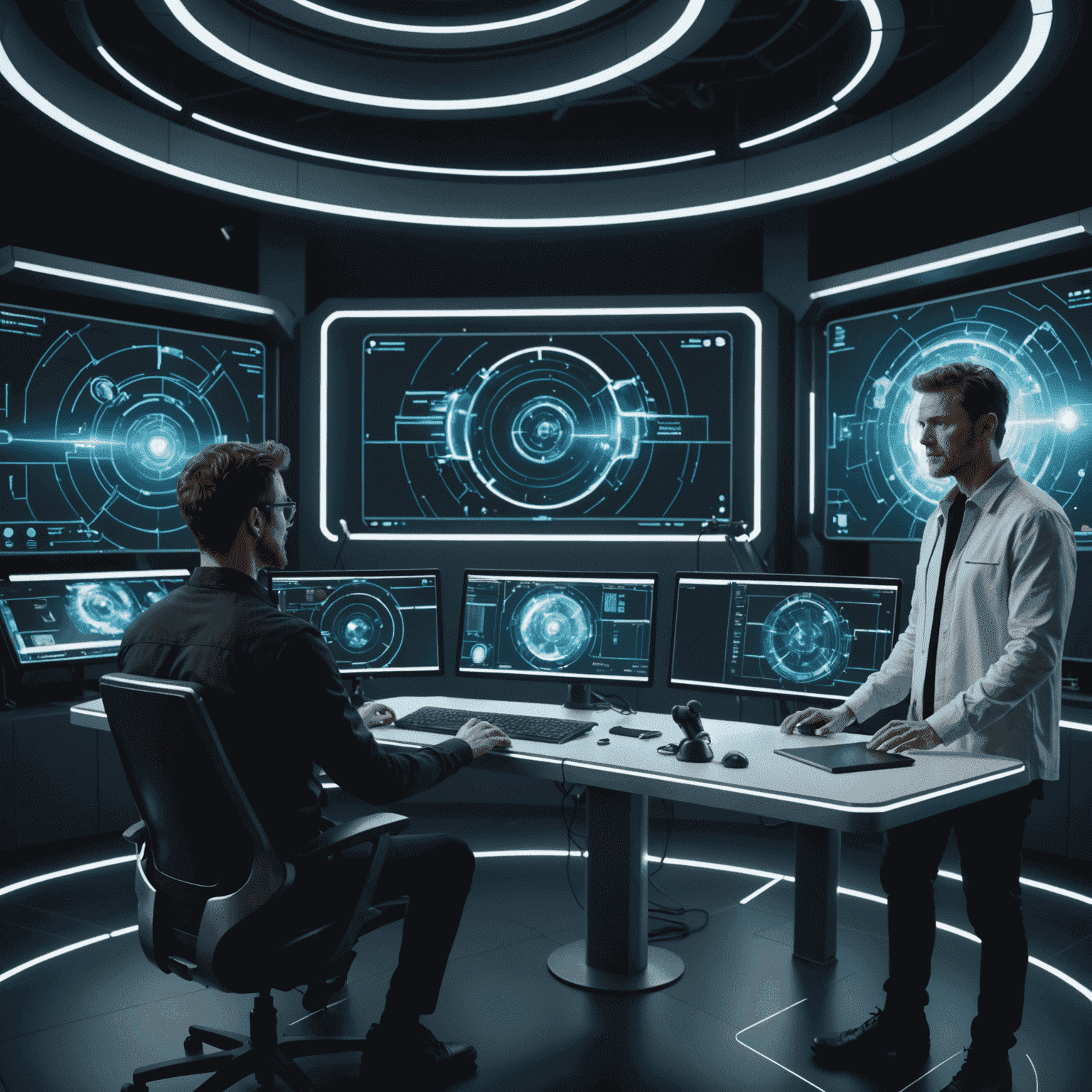 A split-screen showing a human director collaborating with an AI system, both manipulating holographic story elements in a futuristic studio