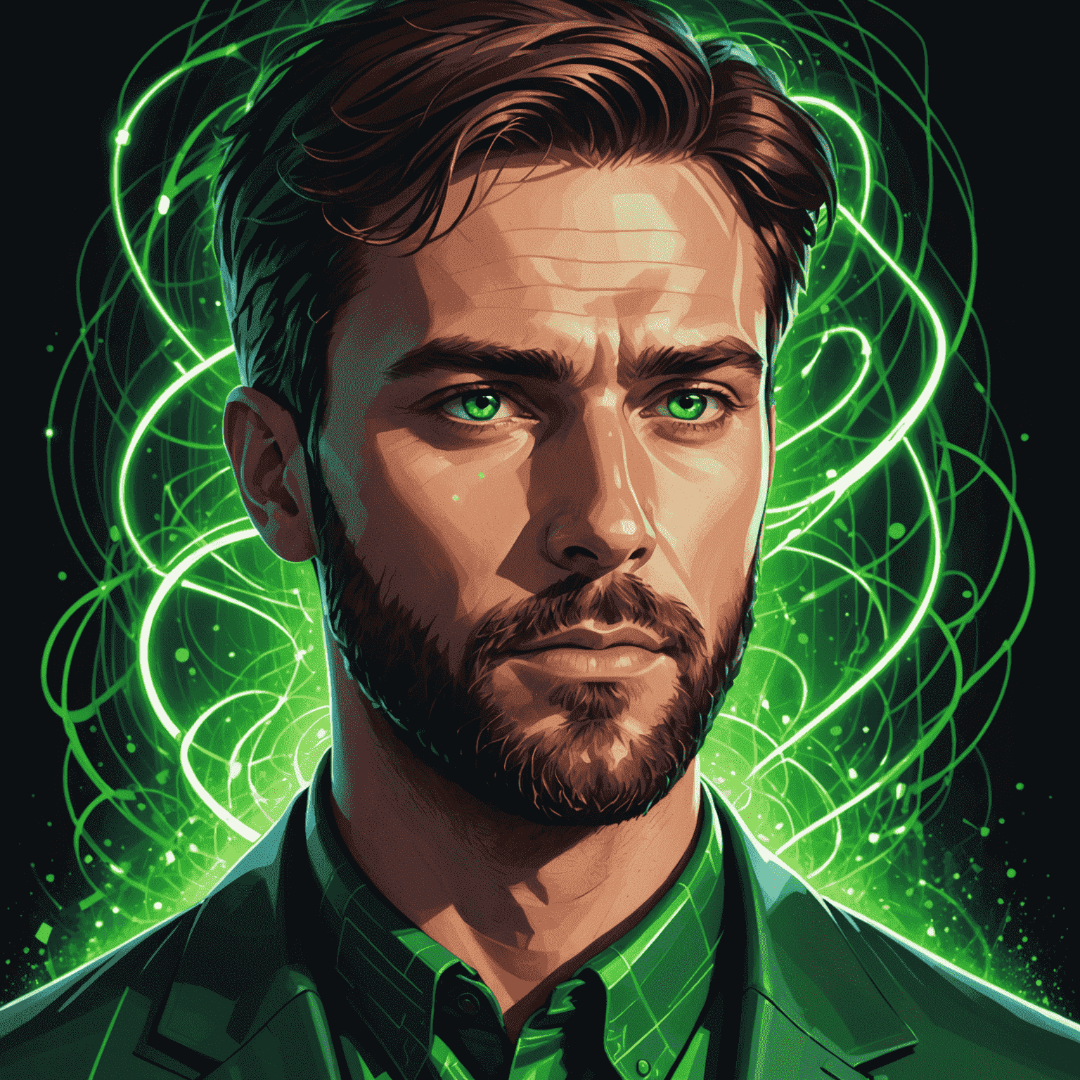 Portrait of Max Quantum, a man in his early 30s with a neatly trimmed beard and intense green eyes, wearing a holographic projection device on his temple