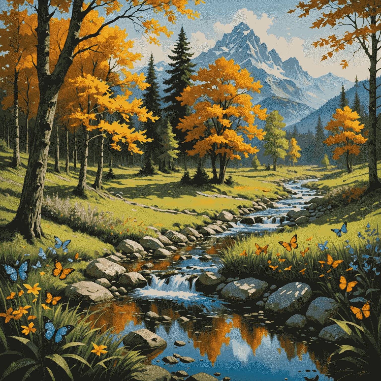 An interactive digital canvas displaying a traditional oil painting style landscape that subtly shifts and changes as if alive. Small AI-generated elements like butterflies or leaves move across the scene, while the lighting and colors slowly evolve, demonstrating the fusion of traditional art with neural rendering techniques.