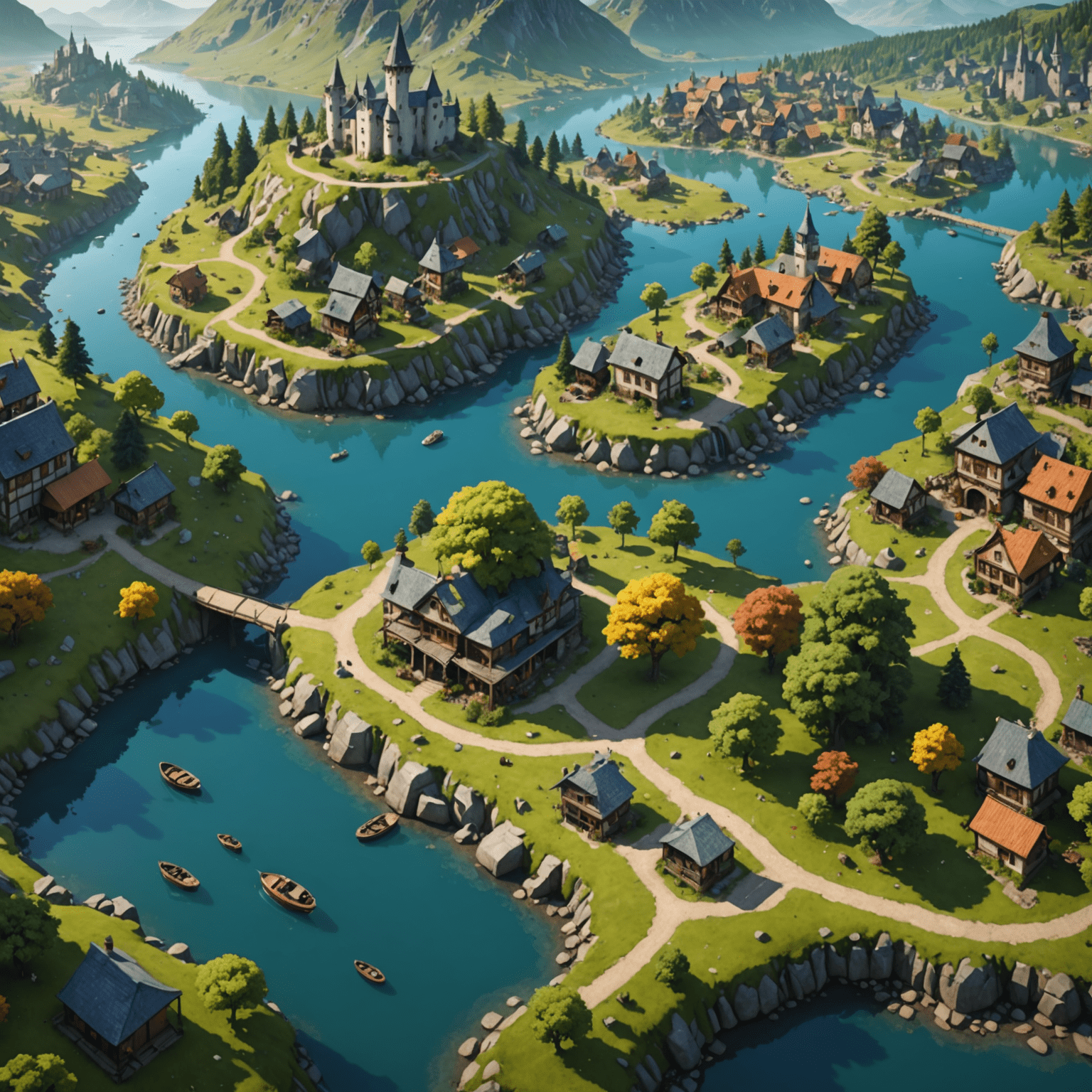 A panoramic view of multiple interconnected virtual story worlds, each generated by AI and populated with diverse characters and landscapes
